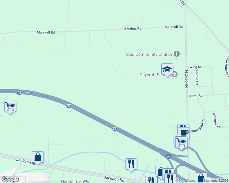 map of restaurants, bars, coffee shops, grocery stores, and more near 713 Merlin Way in Dexter