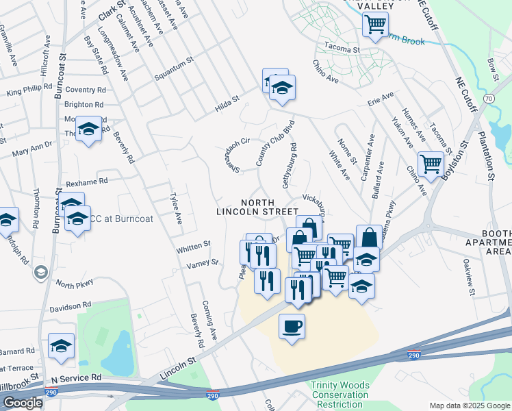 map of restaurants, bars, coffee shops, grocery stores, and more near 83 Country Club Boulevard in Worcester