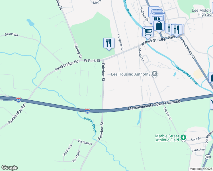 map of restaurants, bars, coffee shops, grocery stores, and more near 113 Fairview St in Lee