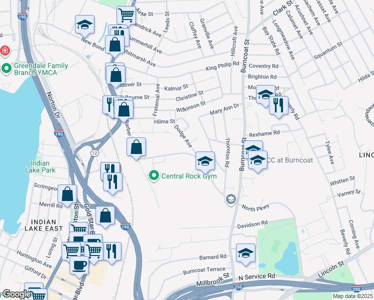 map of restaurants, bars, coffee shops, grocery stores, and more near 74 Randolph Road in Worcester