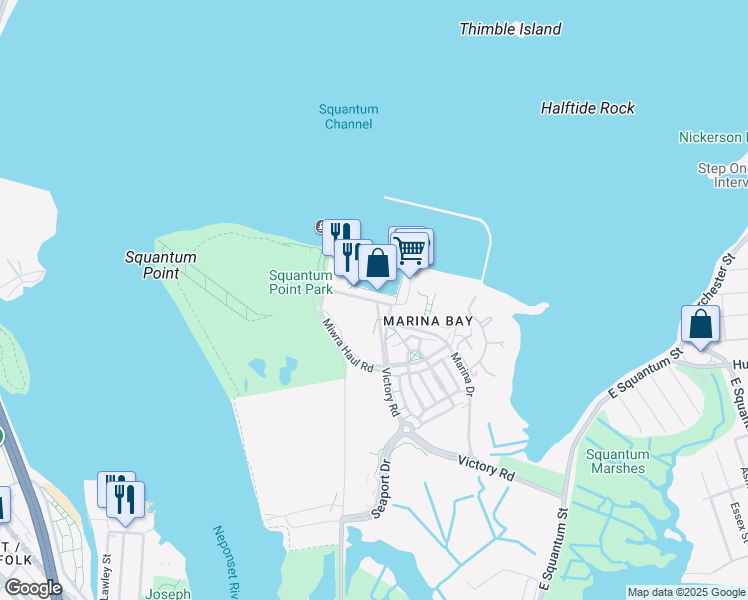 map of restaurants, bars, coffee shops, grocery stores, and more near 500 Victory Road in Quincy