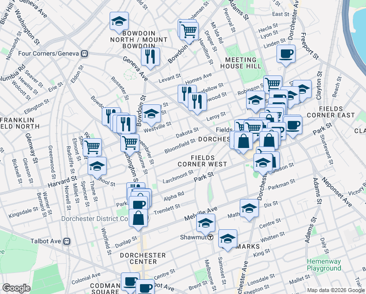 map of restaurants, bars, coffee shops, grocery stores, and more near 79 Tonawanda Street in Boston