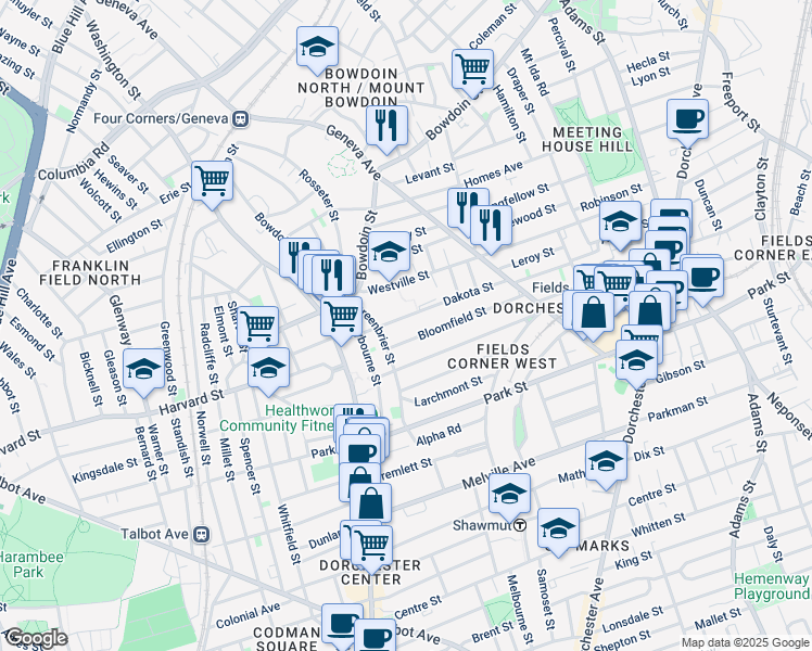 map of restaurants, bars, coffee shops, grocery stores, and more near 94 Bloomfield Street in Boston