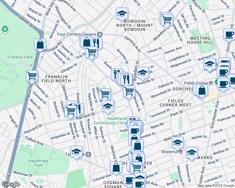 map of restaurants, bars, coffee shops, grocery stores, and more near 9 Harvard Park in Boston