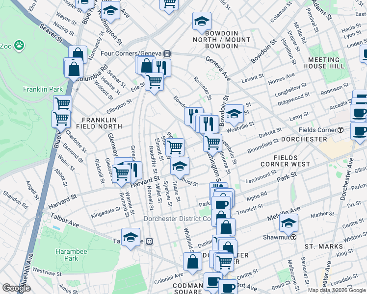 map of restaurants, bars, coffee shops, grocery stores, and more near 43 Harvard Avenue in Boston