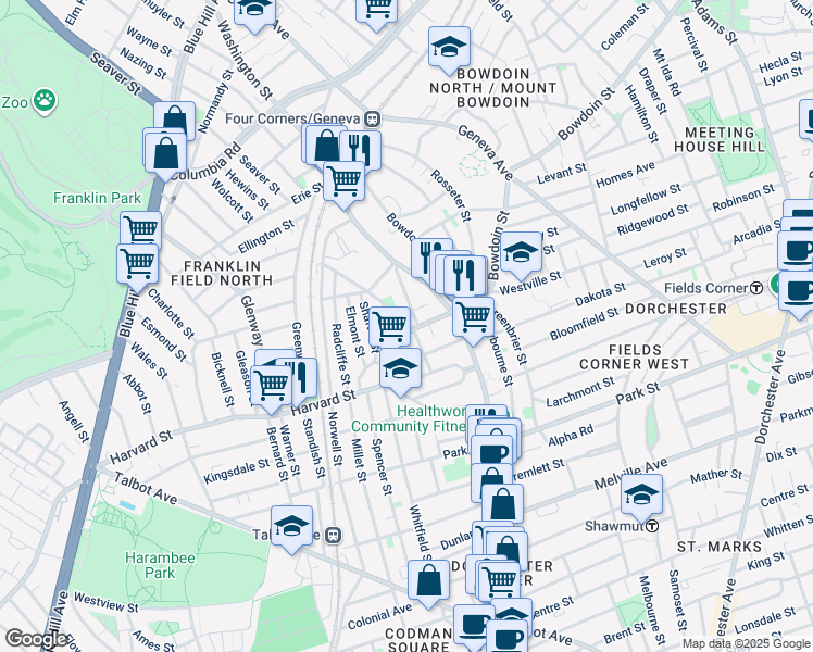 map of restaurants, bars, coffee shops, grocery stores, and more near 43 Harvard Avenue in Boston