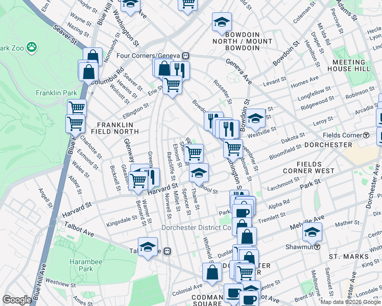 map of restaurants, bars, coffee shops, grocery stores, and more near 43 Harvard Avenue in Boston