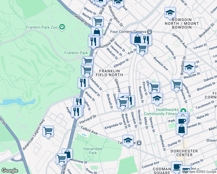 map of restaurants, bars, coffee shops, grocery stores, and more near 38 Bradshaw Street in Boston