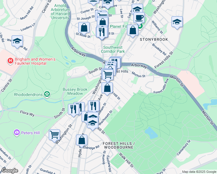 map of restaurants, bars, coffee shops, grocery stores, and more near 19 Weld Hill Street in Boston