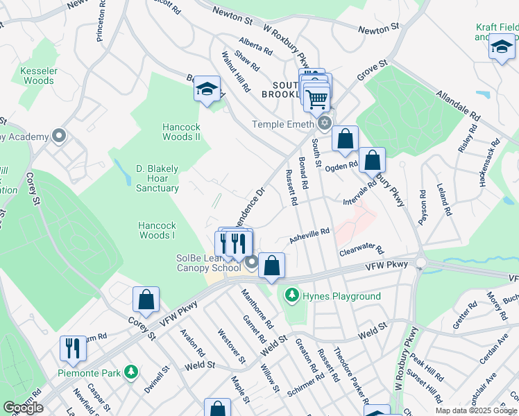 map of restaurants, bars, coffee shops, grocery stores, and more near 91 Thornton Road in Brookline