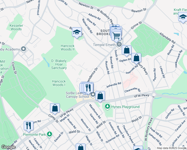 map of restaurants, bars, coffee shops, grocery stores, and more near 91 Thornton Road in Brookline