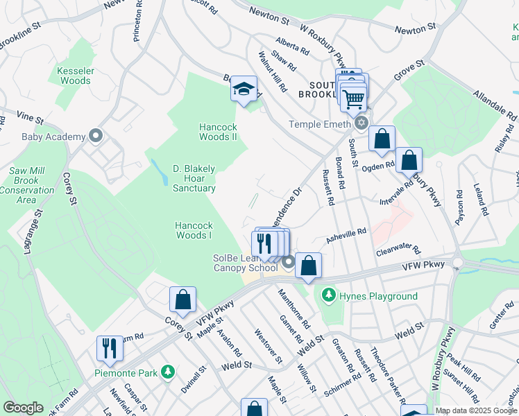 map of restaurants, bars, coffee shops, grocery stores, and more near 40 Sherman Road in Boston