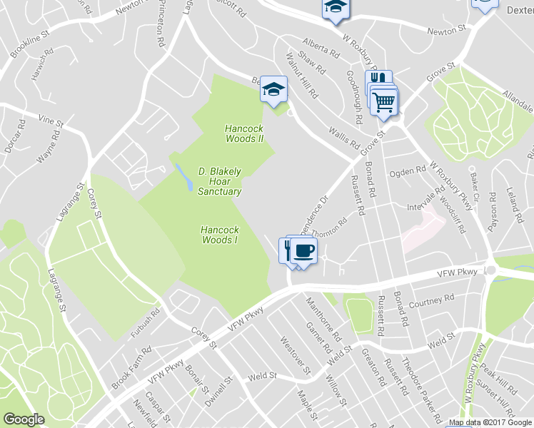 map of restaurants, bars, coffee shops, grocery stores, and more near 40 Sherman Road in Boston