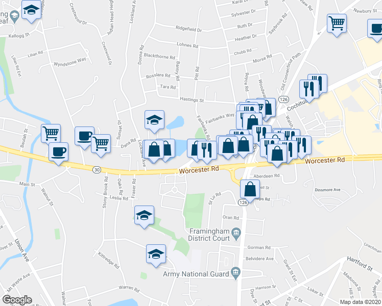 map of restaurants, bars, coffee shops, grocery stores, and more near 18 Cochituate Road in Framingham
