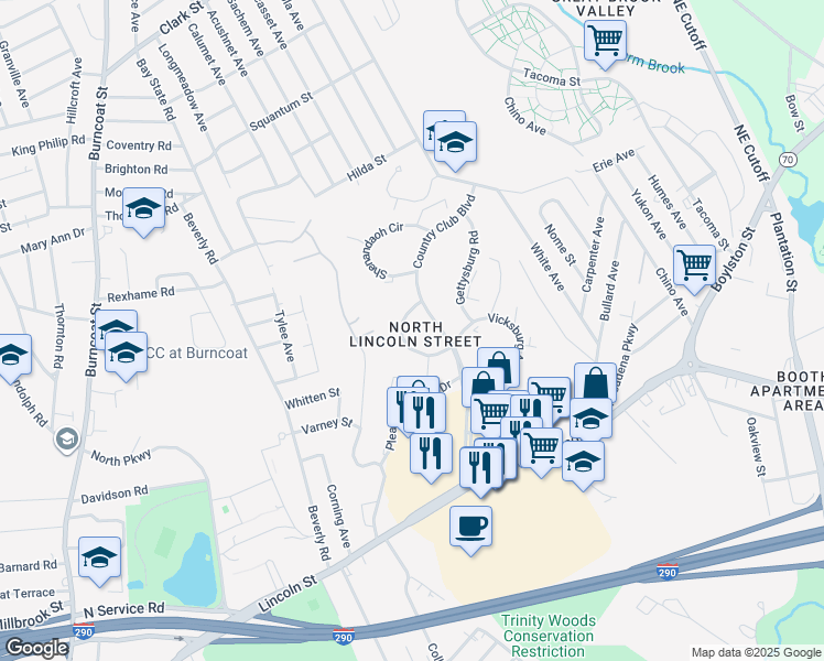 map of restaurants, bars, coffee shops, grocery stores, and more near 83 Country Club Boulevard in Worcester