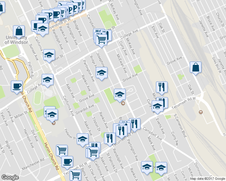 map of restaurants, bars, coffee shops, grocery stores, and more near 1163 Josephine Avenue in Windsor