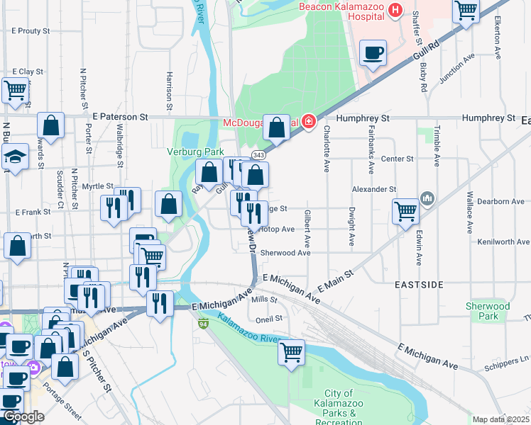 map of restaurants, bars, coffee shops, grocery stores, and more near 1028 Bridge Street in Kalamazoo