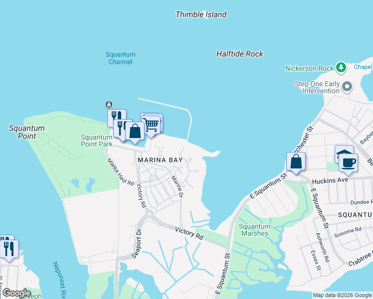 map of restaurants, bars, coffee shops, grocery stores, and more near 23 Ketch Lane in Quincy