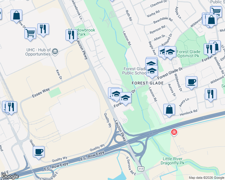 map of restaurants, bars, coffee shops, grocery stores, and more near 3181 Meadowbrook Lane in Windsor