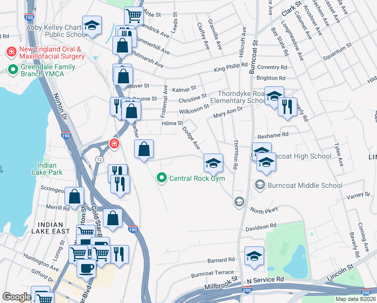 map of restaurants, bars, coffee shops, grocery stores, and more near 74 Randolph Road in Worcester