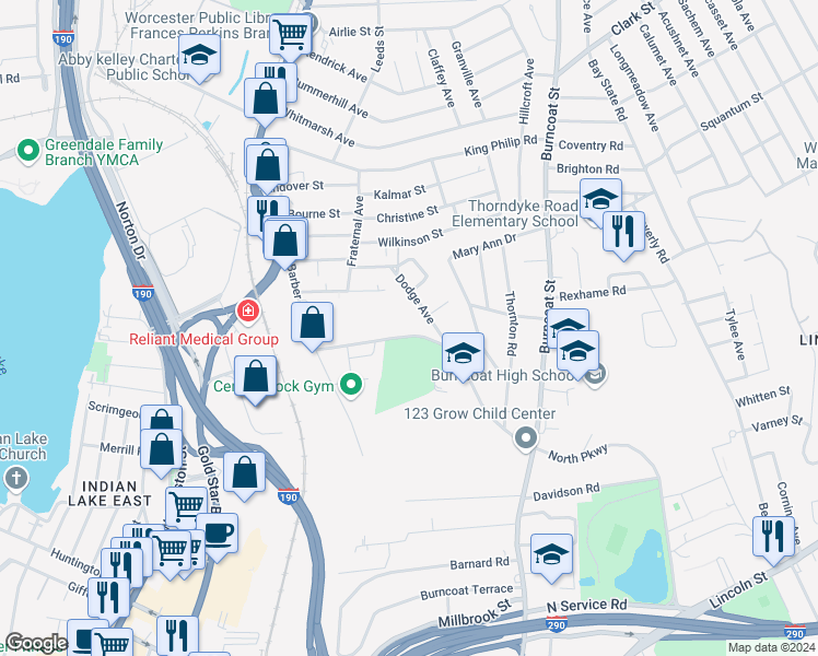 map of restaurants, bars, coffee shops, grocery stores, and more near 80 Randolph Road in Worcester