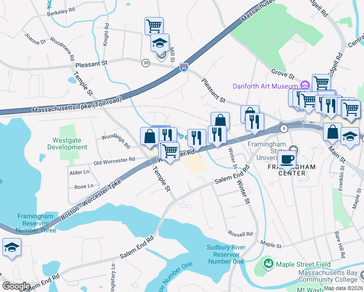 map of restaurants, bars, coffee shops, grocery stores, and more near 1199 Worcester Road in Framingham