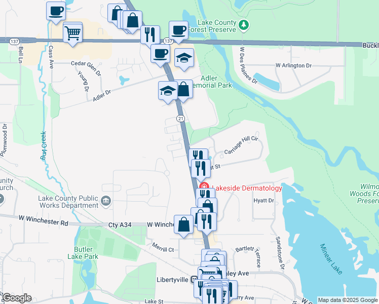 map of restaurants, bars, coffee shops, grocery stores, and more near 1459 Milwaukee Avenue in Libertyville