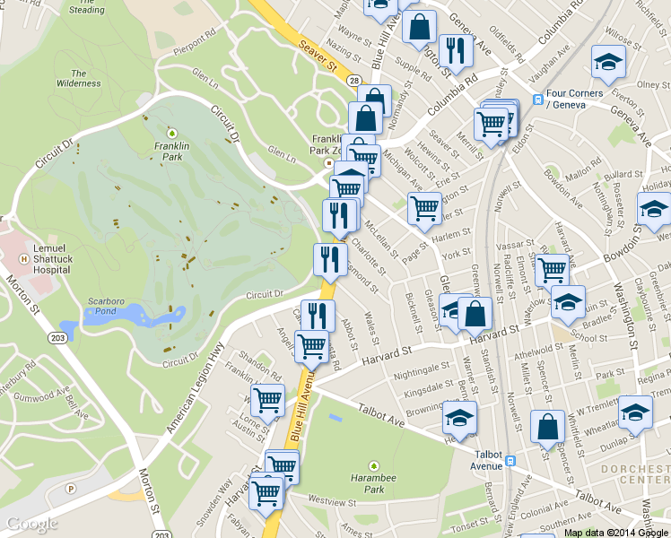 map of restaurants, bars, coffee shops, grocery stores, and more near 764 Blue Hill Avenue in Boston