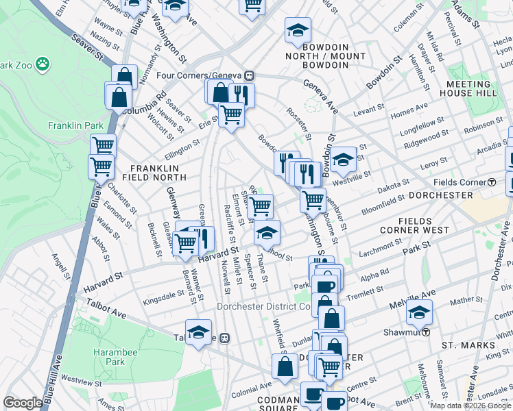 map of restaurants, bars, coffee shops, grocery stores, and more near 43 Harvard Avenue in Boston