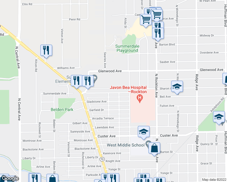 map of restaurants, bars, coffee shops, grocery stores, and more near 2915 Summerdale Avenue in Rockford