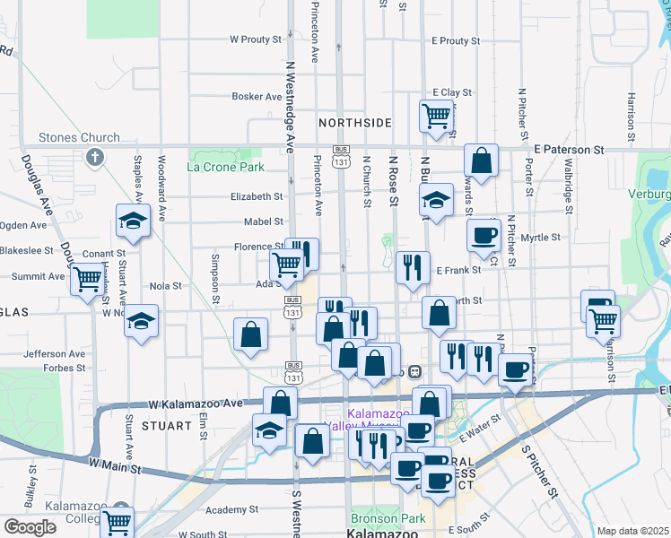 map of restaurants, bars, coffee shops, grocery stores, and more near 718 Cooley Street in Kalamazoo