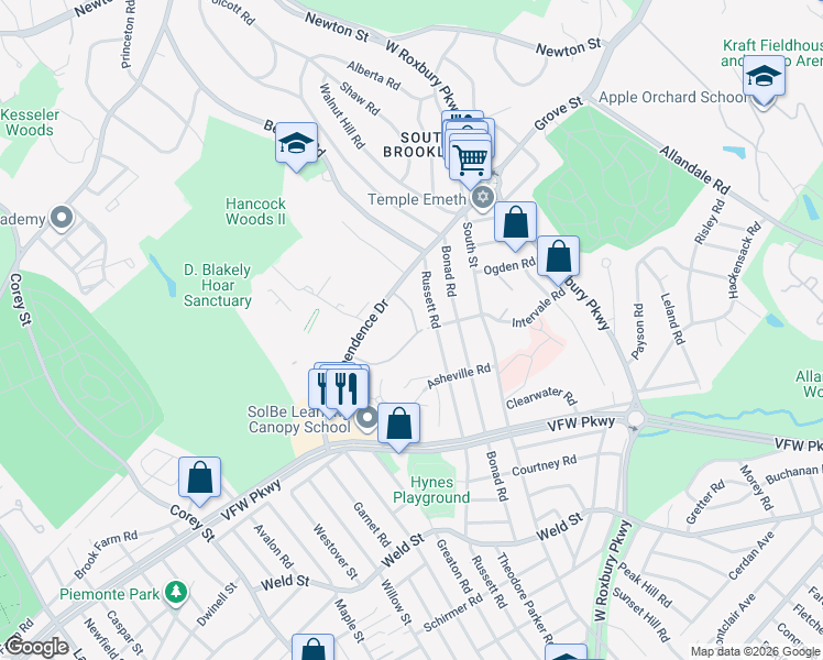 map of restaurants, bars, coffee shops, grocery stores, and more near 26 Thornton Road in Brookline