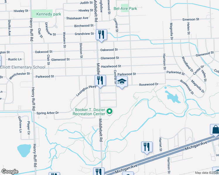 map of restaurants, bars, coffee shops, grocery stores, and more near 29131 Rosewood Street in Inkster