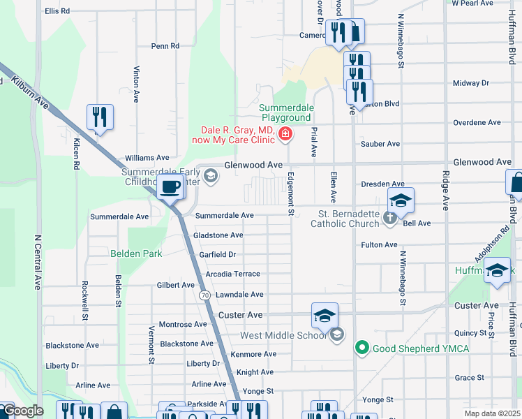 map of restaurants, bars, coffee shops, grocery stores, and more near 2907 Summerdale Avenue in Rockford