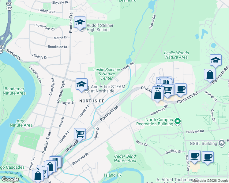 map of restaurants, bars, coffee shops, grocery stores, and more near 1067 Barton Drive in Ann Arbor
