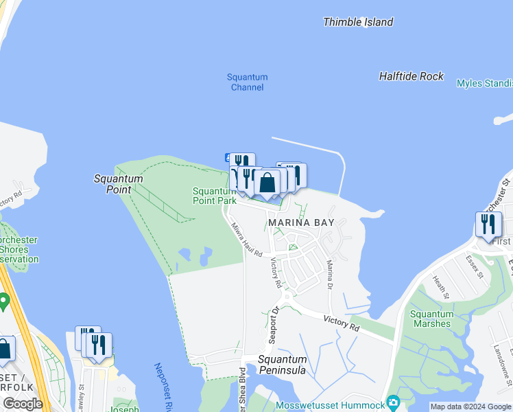map of restaurants, bars, coffee shops, grocery stores, and more near 550 Victory Road in Quincy