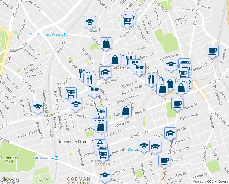 map of restaurants, bars, coffee shops, grocery stores, and more near 94 Bloomfield Street in Boston