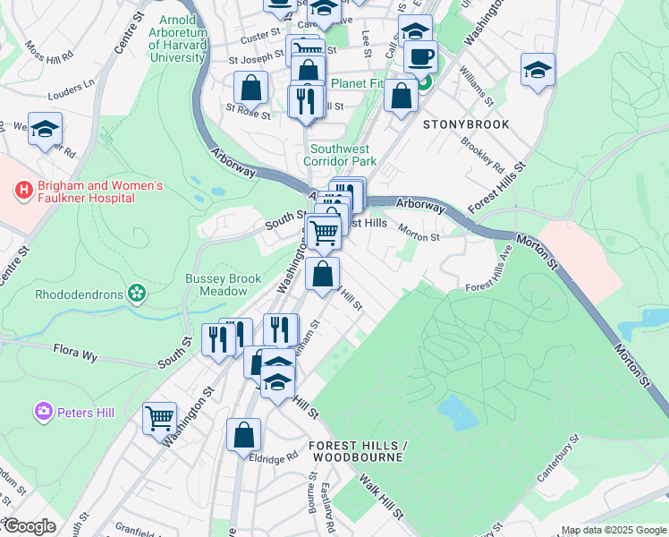 map of restaurants, bars, coffee shops, grocery stores, and more near 19 Weld Hill Street in Boston