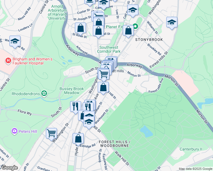 map of restaurants, bars, coffee shops, grocery stores, and more near 19 Weld Hill Street in Boston