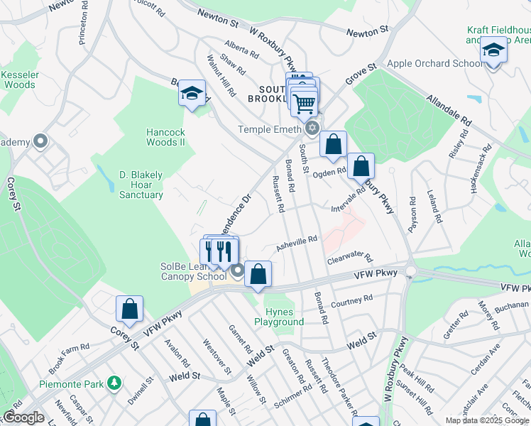 map of restaurants, bars, coffee shops, grocery stores, and more near 26 Thornton Road in Brookline