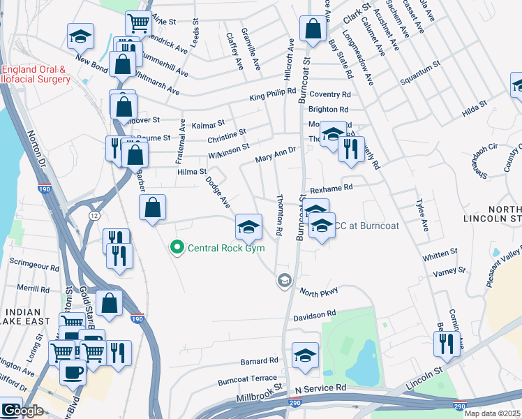 map of restaurants, bars, coffee shops, grocery stores, and more near 4 Mary Ann Drive in Worcester