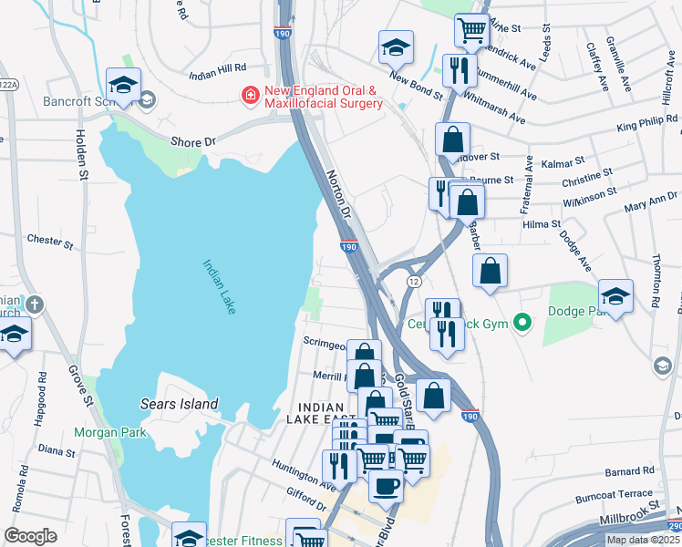 map of restaurants, bars, coffee shops, grocery stores, and more near 11B Stowell Avenue in Worcester