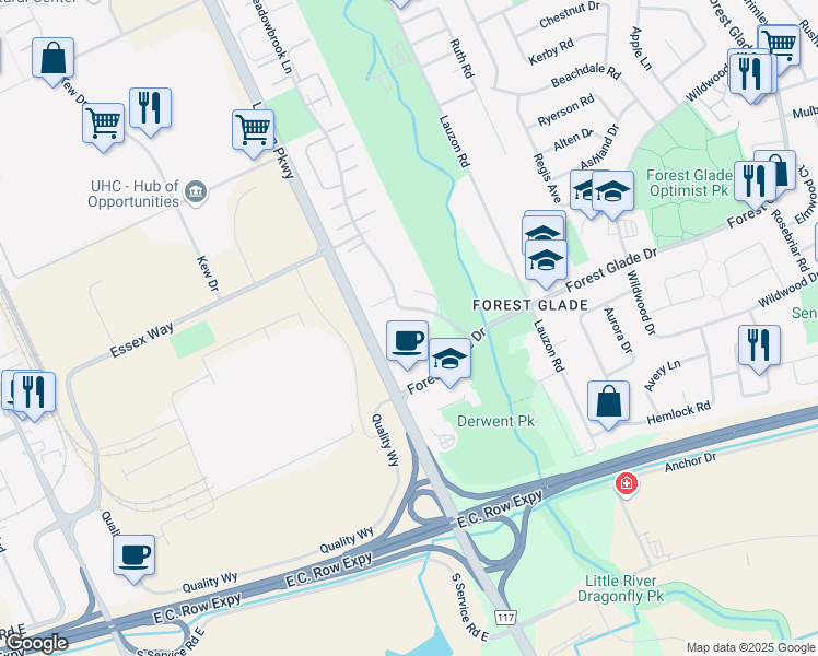 map of restaurants, bars, coffee shops, grocery stores, and more near 3181 Meadowbrook Lane in Windsor