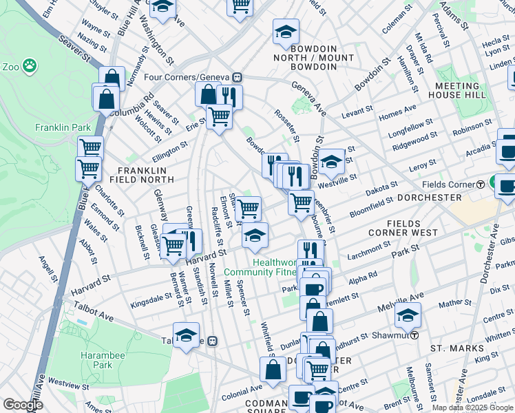 map of restaurants, bars, coffee shops, grocery stores, and more near 35A Harvard Street in Boston