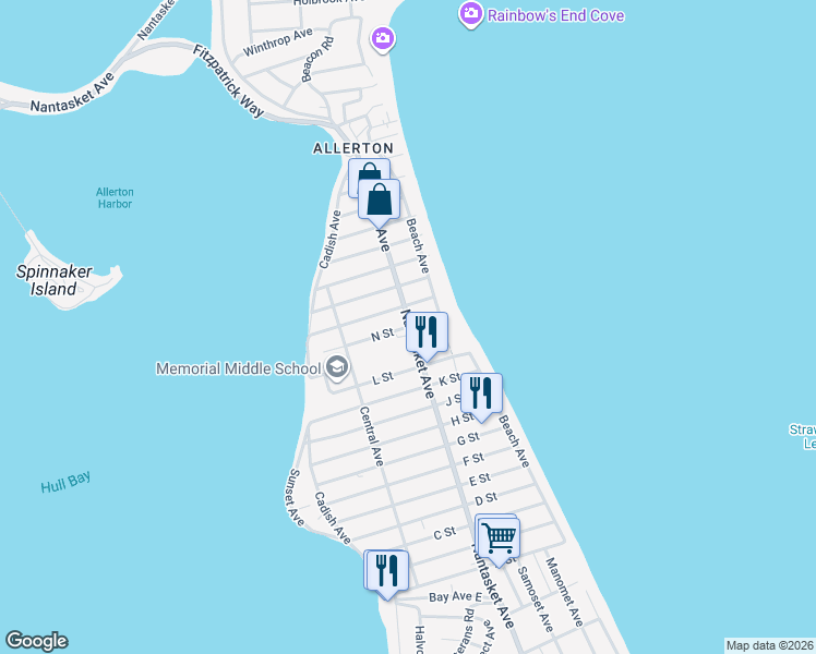 map of restaurants, bars, coffee shops, grocery stores, and more near 38 N Street in Hull