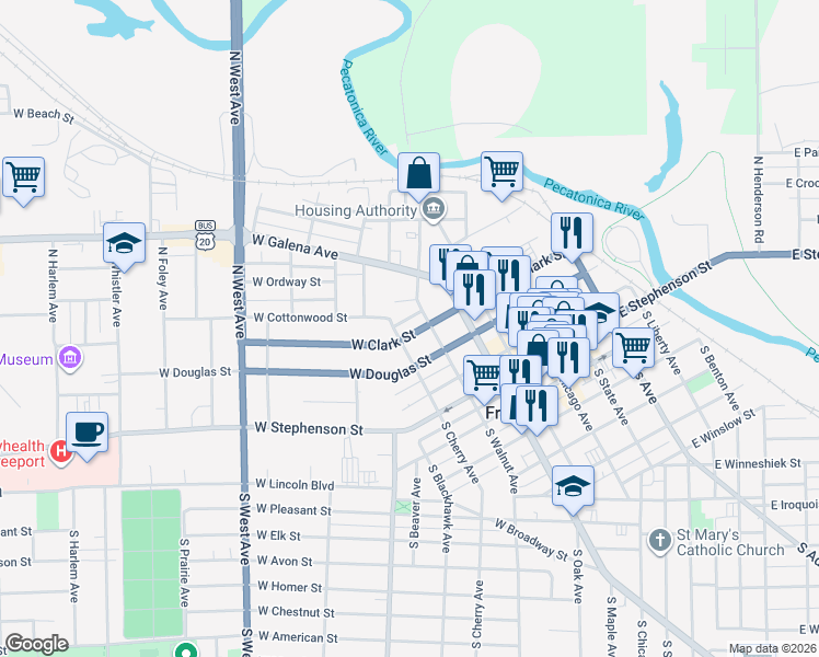 map of restaurants, bars, coffee shops, grocery stores, and more near 318 West Douglas Street in Freeport