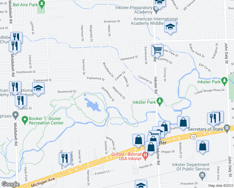 map of restaurants, bars, coffee shops, grocery stores, and more near 1586 Magnolia Drive in Inkster