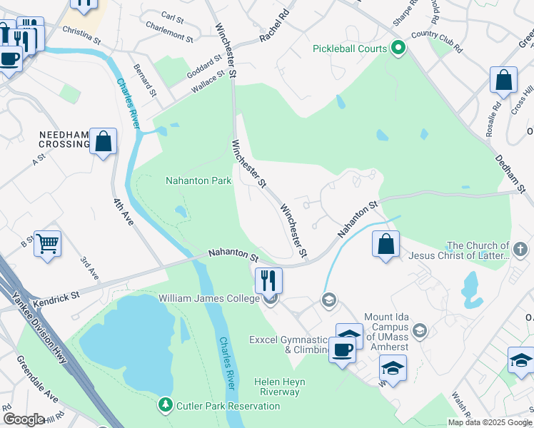 map of restaurants, bars, coffee shops, grocery stores, and more near 675 Winchester Street in Newton