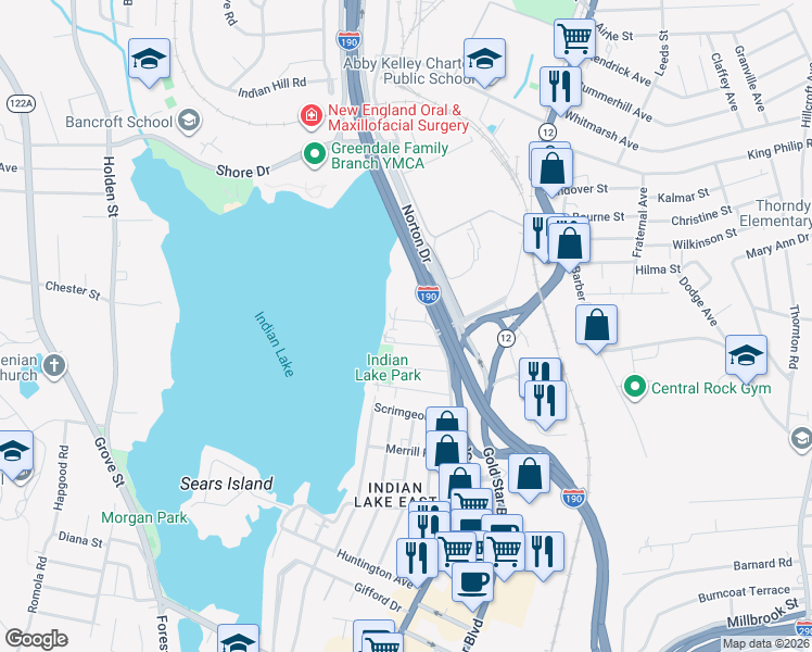 map of restaurants, bars, coffee shops, grocery stores, and more near 13 Mattson Avenue in Worcester