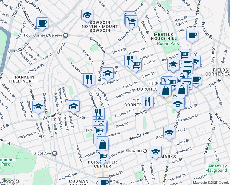 map of restaurants, bars, coffee shops, grocery stores, and more near 67 Dakota Street in Boston